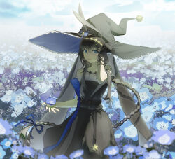  1girl absurdres ambience_synesthesia amiya_(arknights) amiya_(medic)_(arknights) amiya_(medic)_(solo_around_the_world)_(arknights) arknights bare_shoulders bingxue_qiu_w black_dress black_gloves black_hair black_hat bloom blue_eyes blue_flower blue_ribbon chinese_commentary commentary_request crossed_bangs day dress field flower flower_field frilled_hat frills gloves hair_between_eyes hair_ribbon hand_on_headwear hat highres holding holding_flower long_hair official_alternate_costume outdoors parted_lips ribbon single_glove solo two-sided_fabric two-sided_headwear very_long_hair white_flower witch_hat 