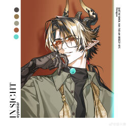  1boy absurdres alternate_costume arknights black_shirt blonde_streaks brown_background brown_hair brown_hands candy chongyue_(arknights) commentary curtained_hair dragon_boy dragon_tail earrings eastern_dragon_tail english_text fan_mu_zhang food glasses green_shirt hand_to_own_mouth highres holding holding_candy holding_food holding_lollipop jewelry lollipop long_hair looking_at_viewer low_ponytail male_focus multicolored_hair parted_bangs pointy_ears ponytail red_eyes ring scarf shirt smile solo streaked_hair tail turtleneck turtleneck_shirt untranslatable_commentary upper_body watermark weibo_username weibo_watermark 