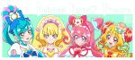  4girls :d aqua_eyes artist_logo blonde_hair blue_hair bow choker commentary_request copyright_name cure_finale cure_precious cure_spicy cure_yum-yum delicious_party_precure double_bun earrings eyelashes fuwa_kokone green_eyes hair_bow hair_bun hair_ornament hanamichi_ran happy jewelry kamikita_futago kasai_amane long_hair looking_at_viewer magical_girl medium_hair multiple_girls nagomi_yui open_mouth pink_eyes pink_hair precure smile stamp_mark violet_eyes 