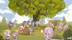  6+girls absurdres black_hair blonde_hair blue_eyes blue_hair bronya_zaychik bronya_zaychik_(herrscher_of_truth) chibi chibi_only chinese_commentary closed_eyes closed_mouth clouds cloudy_sky commentary_request coralie_6626_planck durandal_(honkai_impact) elysia_(honkai_impact) erdos_helia eyewear_on_head falling_leaves female_dreamseeker_(honkai_impact) food fruit fu_hua fu_hua_(phoenix) grey_hair hair_between_eyes hair_over_one_eye herrscher_of_sentience highres holding holding_megaphone honkai_(series) honkai_impact_3rd kiana_kaslana kiana_kaslana_(herrscher_of_finality) kneeling leaf leylah_(honkai_impact) long_hair long_sleeves megaphone multiple_girls murata_himeko official_art open_mouth orange_hair outdoors pink_hair raiden_mei raiden_mei_(herrscher_of_origin) red_hair rita_rossweisse round_eyewear seele_(alter_ego) seele_vollerei seiza senadina sitting sky smile songque standing symbol-shaped_pupils theresa_apocalypse violet_eyes vita_(honkai_impact) watermelon white_hair 