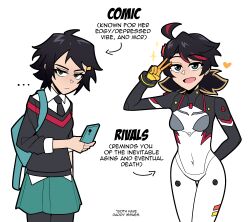 2girls ahoge backpack bag black_hair blonde_hair bluebutter bodysuit cellphone english_text glaring green_eyes highres holding holding_phone long_sleeves marvel marvel_rivals multicolored_hair multiple_girls necktie open_mouth pantyhose pantyhose_under_shorts peni_parker phone red_hair short_twintails shorts skirt smartphone spider-man_(series) twintails 