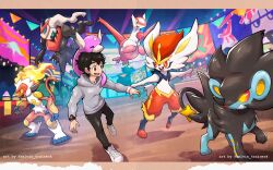  1boy alternate_color aqua_sclera black_hair black_pants blue_eyes bracelet bright_pupils brown_eyes candy_apple character_mask cinderace closed_eyes colored_sclera commentary commission darkrai dratini english_commentary festival fire floating food food_stand glint grey_hoodie grin highres holding holding_candy_apple holding_food holding_hands hood hood_down hoodie infernape instagram_username jewelry kelvin-trainerk latias luxray mask mask_on_head mega_stone necklace night on_shoulder open_mouth orange_eyes original outdoors pants pikachu pokemon pokemon_(creature) pokemon_on_shoulder pokemon_team red_sclera shaved_ice shiny_pokemon shoelaces shoes short_hair sky smile snover standing stitched string_of_flags teeth upper_teeth_only victini white_eyes white_pupils white_shoes yellow_eyes yellow_pupils yellow_sclera z-crystal z-ring 