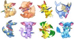  6+others :3 :d alternate_eye_color animal_ears blue_eyes blush cat_ears cat_tail chibikemo commentary_request digitigrade eevee espeon evolutionary_line fins fish_tail flareon fluffy forehead_jewel forked_tail fox_ears fox_tail full_body furry glaceon green_eyes head_fins holding holding_pencil jolteon leaf leafeon mouth_hold multiple_others neck_fur other_focus pawpads pencil personification pokemon pokemon_(creature) red_eyes simple_background sitting smile standing standing_on_one_leg suppainu tail umbreon vaporeon violet_eyes white_background yellow_eyes 