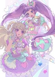  2girls :d :o animal_ears blonde_hair blue_bow blush_stickers bow dress fake_animal_ears frilled_dress frilled_sleeves frills gloves green_dress green_eyes hair_bow hand_on_own_cheek hand_on_own_face highres idol_time_pripara long_hair manaka_laala multiple_girls neck_ribbon pantyhose poteto_(mochimochinc) pretty_series pripara puffy_short_sleeves puffy_sleeves purple_dress purple_hair purple_ribbon rabbit_ears ribbon short_sleeves smile twintails two_side_up v v_over_eye very_long_hair violet_eyes white_gloves white_pantyhose yumekawa_yui 