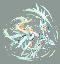  1girl absurdres arrow_(projectile) backless_outfit bare_back barefoot blonde_hair character_request check_character commentary_request detached_sleeves dress facial_mark floating_hair flower forehead_mark from_behind from_side grand_chase hair_flower hair_ornament highres korean_commentary leaf lire_(grand_chase) long_hair looking_at_viewer retto_7b see-through_clothes see-through_sleeves short_dress simple_background solo white_dress 