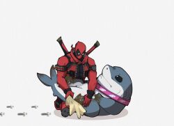  2boys collar commentary deadpool deadpool_(series) fins fish_tail holding holding_towel jeff_the_land_shark lying marvel marvel_rivals mud multiple_boys on_back pawpads shark shark_fin shark_tail superhero_costume tail towel untranslatable_commentary white_background yamuoez 