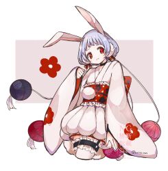  1girl animal_ears blue_hair butter_run commentary_request floral_background floral_print frilled_thighhighs frills gekokujou_hana highres japanese_clothes kimono magical_girl mahou_shoujo_ikusei_keikaku mahou_shoujo_ikusei_keikaku_limited obi rabbit_ears rabbit_girl red_eyes sash short_hair thigh-highs white_thighhighs wide_sleeves 