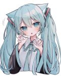  1girl @_@ animal_ear_fluff animal_ears aqua_eyes aqua_hair aqua_nails aqua_necktie black_sleeves blush cat_ears collared_shirt cropped_torso fang frilled_shirt_collar frills grey_shirt hair_between_eyes hair_ornament hands_up hatsune_miku kemonomimi_mode long_hair long_sleeves looking_at_viewer nail_polish necktie open_mouth ringouulu shirt simple_background skin_fang solo twintails twitter_username upper_body vocaloid watermark white_background wide_sleeves 