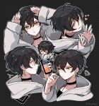  1boy bishounen black_hair cellphone chibi choker heart jacket male_focus nihellie original phone short_hair smartphone solo upper_body white_jacket yellow_eyes 