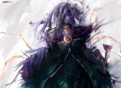  1girl absurdres bandage_over_one_eye bandaged_leg bandages chain chain_around_neck commentary grafelemart highres long_hair re:zero_kara_hajimeru_isekai_seikatsu sirius_(re:zero) smile solo violet_eyes white_hair 