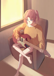  1girl absurdres blue_eyes blush chair commentary electric_guitar guitar highres holding holding_plectrum indoors instrument kamiina_botan_yoeru_sugata_wa_yuri_no_hana karakara_(kara_kara1140) on_chair parted_lips playing_guitar playing_instrument plectrum red_hair shirt side_ponytail sitting smile solo window yellow_shirt yusa_akane 