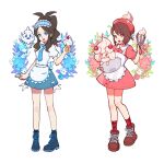  2girls :d alcremie alcremie_(strawberry_sweet) alternate_costume antenna_hair apron blue_eyes blue_necktie boots bright_pupils brown_footwear brown_hair commentary dress eyelashes food gloria_(pokemon) hand_up happy hat high_ponytail highres hilda_(pokemon) hogeol_pk holding ice_cream icing multiple_girls necktie open_mouth pink_dress plaid_socks pokemon pokemon_(creature) pokemon_bw pokemon_swsh red_socks shirt short_sleeves skirt smile socks standing tam_o&#039;_shanter vanillite whisk white_apron white_shirt 