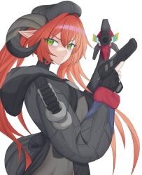  1girl 1other absurdres black_hat black_horns closed_mouth curled_horns dragon_girl dragon_horns fingerless_gloves from_side gloves green_eyes gun hair_between_eyes hands_up hat highres holding holding_gun holding_weapon horns long_hair looking_at_viewer magus_(zenless_zone_zero) mechanical_horns mechanical_tail orange_hair orange_pupils orphie_magnusson pointy_ears serious simple_background tafutokwu tail twintails upper_body weapon white_background zenless_zone_zero 