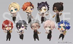  6+boys adjusting_eyewear alternate_costume alternate_hairstyle animal_ears apron aqua_eyes aragami_oga arched_back arm_at_side arurandeisu astel_leda bag bill_(object) black_apron black_choker black_gloves black_hair black_pants black_shoes black_vest blonde_hair blue_eyes blue_hair blue_neckerchief bowl bread bread_slice chibi chibi_only chocolate choker coffee collarbone collared_shirt commentary_request copyright_notice cream cross_tie crossed_bangs cup curtained_hair dark-skinned_male dark_skin decantering dress_shoes earrings everyone eyepatch facial_hair flower food forehead fruit full_body glasses gloves goatee green_eyes grey_background grey_hair grey_shirt grin grocery_bag hair_between_eyes hair_flower hair_ornament hair_slicked_back hairclip half_updo hanasaki_miyabi hand_up holding holding_bag holding_bowl holding_food holding_fruit holding_menu holding_pen holding_plate holding_teapot holding_tray holostars horns jackal_boy jackal_ears jackal_tail jewelry kageyama_shien kanade_izuru kishido_temma leg_up legs_apart lightning_bolt_hair_ornament lightning_bolt_symbol lineup long_sleeves looking_at_viewer looking_back male_focus maru5_m menu mixing_bowl multicolored_hair multiple_boys name_tag napkin neckerchief necktie official_art one_eye_closed open_mouth orange_hair oxfords pale_skin pancake pants parfait parted_bangs parted_lips pectoral_cleavage pectorals pen pink_hair plate pocky ponytail pouring red-framed_eyewear red_hair red_necktie rikka_(holostars) sample_watermark sandwich saucer shirt shoes shopping_bag short_hair short_ponytail short_sleeves simple_background single_earring single_horn sleeves_rolled_up smile sneakers spoon standing streaked_hair teacup teapot toast tray two-sided_fabric two-tone_hair v-shaped_eyebrows vest violet_eyes virtual_youtuber waist_apron waiter watermark whisk whisking white_necktie white_shoes wooden_tray yellow_eyes yukoku_roberu 