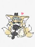  1girl animal animal_ears arknights black_cat blonde_hair cardigan cat colored_tips commentary dr_luyan fox_ears fox_girl fox_tail green_eyes heart heixiu holding holding_animal holding_cat long_hair long_sleeves looking_at_viewer luo_xiaohei luo_xiaohei_zhanji multicolored_hair romaji_commentary simple_background solo suzuran_(arknights) tail two-tone_hair white_background white_hair yellow_cardigan 