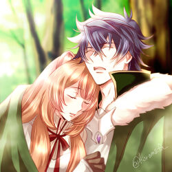  1boy 1girl animal_ear_fluff animal_ears armor artist_name bad_id bad_pixiv_id black_hair black_shirt blunt_bangs blurry blurry_background breastplate brown_armor brown_hair chest_guard cloak closed_eyes collared_dress collared_shirt couple double-parted_bangs dress fur_trim gauntlets green_cloak grey_armor hair_between_eyes high_collar iwatani_naofumi koromo_(kinu) leather_armor long_hair messy_hair missing_commentary neck_ribbon open_mouth outdoors parted_lips pinstripe_dress pinstripe_pattern raccoon_ears raccoon_girl raphtalia red_ribbon ribbon shared_cloak shirt short_hair sleeping straight_hair tanuki tate_no_yuusha_no_nariagari twitter_username two-tone_armor watermark white_dress white_fur 