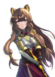  1girl :| animal_ears armor belt black_dress blunt_bangs breastplate breasts brown_armor brown_belt brown_hair closed_mouth collared_dress commentary_request double-parted_bangs dress floating_hair gauntlets grey_armor hair_between_eyes hair_tubes highres holding holding_sword holding_weapon layered_dress leather_armor long_hair long_sleeves looking_at_viewer medium_breasts metal_arm_cuffs metal_hair_tubes metal_wrist_cuffs neck_ribbon pauldrons pink_eyes pinstripe_dress pinstripe_pattern raccoon_ears raccoon_girl raphtalia red_dress red_ribbon ribbon shoulder_armor simple_background single_pauldron sleeveless sleeveless_dress solo straight-on straight_hair sword tanuki tate_no_yuusha_no_nariagari totsugekikouhei two-tone_dress weapon white_background white_dress wing_collar 