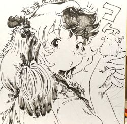  1girl absurdres animal_on_shoulder baby_animal bird bird_on_hand bird_on_shoulder bird_wings chick chicken commentary_request greyscale highres kokechankokko looking_at_viewer monochrome multicolored_hair niwatari_kutaka shikishi shirt short_hair solo touhou traditional_media translation_request twitter_username two-tone_hair upper_body wings 