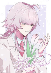  0binata 1boy ahoge border closed_mouth commentary confetti dated flower fragaria_memories hands_up happy_birthday highres holding holding_flower jacket layered_sleeves long_hair long_sleeves male_focus necktie outside_border pink_flower pink_hair pink_jacket pink_necktie purple_background shirt smile solo suit_jacket tulip untranslatable_commentary upper_body violet_eyes white_border white_shirt willmesh_(fragaria_memories) 