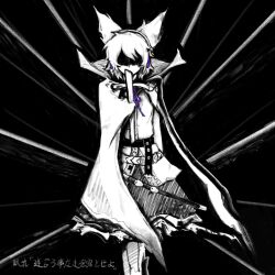  1girl black_background cape facing_ahead facing_viewer feet_out_of_frame greyscale headphones highres holding_baton lei_niao3375 monochrome pointy_hair shaded_face shirt short_hair skirt solo spot_color touhou toyosatomimi_no_miko 