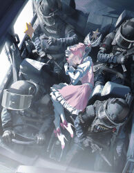  1girl 4others absurdres ammunition car_interior car_seat commentary_request driving face_shield frills gloves gun h&amp;k_mp5 headdress helmet high_heels highres holding holding_staff kanieda_minato magical_girl multiple_others police resurgum_(swav) riot_helmet riot_police seatbelt shotgun_shell skirt staff steering_wheel submachine_gun swav weapon 