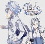  1boy 1girl ahoge alternate_costume bag blue_eyes blue_hair blush bowl cake cake_slice closed_eyes cup food food_in_mouth furina_(genshin_impact) genshin_impact grey_background hair_between_eyes highres holding holding_bowl holding_cup kumo_ff light_blue_hair long_hair long_sleeves looking_at_viewer mouth_hold multicolored_hair necktie neuvillette_(genshin_impact) plate scone shirt shoulder_bag sidelocks simple_background skirt smile streaked_hair sweatdrop toast toast_in_mouth two-tone_hair v-shaped_eyebrows violet_eyes white_shirt 