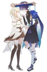  1boy 1girl absurdres armor armpit_crease black_bodysuit black_bow black_bridal_gauntlets black_sandals black_shorts black_thighhighs blonde_hair blue_cape blue_gem blue_hat blue_jingasa blue_kimono blue_sleeves blunt_ends bodysuit bow braid breasts bridal_gauntlets brown_skirt brown_sleeves cape closed_mouth clothing_cutout couple covered_collarbone detached_sleeves dress feathers flower frilled_skirt frills full_body furisode gem genshin_impact gold gold_ring hair_bow hair_flower hair_ornament hakama hakama_shorts half_up_half_down_braid hand_on_another's_hand hand_up hat head_down height_difference hetero high_heels highres hip_vent hoxino japanese_armor japanese_clothes jingasa juban kimono kote kurokote layered_sleeves leg_warmers looking_at_another lumine_(as_heaven_and_earth_are_made_anew)_(genshin_impact) lumine_(genshin_impact) mandarin_collar medium_breasts medium_dress middle_ring official_alternate_costume open_clothes open_hands open_kimono pleated_shorts pom_pom_(clothes) purple_hair sandals scaramouche_(genshin_impact) scarf short_hair short_hair_with_long_locks short_sleeves shorts shoulder_peek showgirl_skirt side_cape sideboob sidelocks skirt skirt_under_dress smile stirrup_legwear sweatdrop tassel thigh-highs toeless_legwear violet_eyes vision_(genshin_impact) wanderer_(genshin_impact) white_background white_bridal_gauntlets white_dress white_flower white_kimono white_leg_warmers white_scarf white_sleeves white_trim yellow_eyes yellow_feathers zouri 