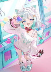  1girl absurdres ahoge animal_ear_fluff animal_ears animal_slippers arcade blue_eyes bow braid cat_ears cat_girl cat_tail collar commentary densetsu.exe dolphin_shorts frilled_straps frilled_thigh_strap gradient_hair green_hair hair_bow hair_ornament hairclip highres indoors leg_warmers long_hair long_sleeves looking_at_viewer mint_fantome mint_fantome_(otaku) multicolored_hair off_shoulder oversized_clothes pink_shorts sechipuu shorts slippers solo sweater tail thigh_bow thigh_strap thighs twin_braids virtual_youtuber white_hair white_sweater x_hair_ornament 