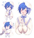  1boy ? ?? blue_bow blue_eyes blue_hair blue_nails bow food heart holding holding_food holding_ice_cream ice_cream kaito_(vocaloid) long_sleeves mogu_(wy5xrt7w) musical_note project_diva_(series) short_hair translated vocaloid white_headwear 