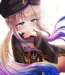  1boy black_cape black_headwear black_jacket blue_hair blunt_bangs blush cape captain_nemo_(fate) choppy_bangs fate/grand_order fate_(series) gradient_hair jacket jewelry light_brown_hair long_hair looking_at_object male_focus military_jacket military_uniform multicolored_hair nemo_(fate) otoko_no_ko ring shell_ocean turban uniform wedding_ring 