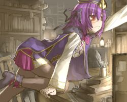  1girl black_boots black_hat black_ribbon bookshelf boots bow bowtie brown_pantyhose cloak commentary_request desk emil_chronicle_online from_side glasses hair_ribbon hat kasuga_yukihito on_desk pantyhose paracelsus_lore purple_bow purple_bowtie purple_cloak purple_hair purple_shirt purple_skirt red_eyes ribbon shirt skirt solo 