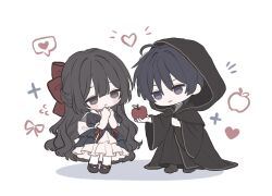  1boy 1girl :< ahoge apple apple_print black_boots black_dress black_eyes black_hair black_hood black_robe black_shoes black_sleeves blunt_ends blush boots bow bow_print capelet center-flap_bangs character_request chibi chibi_only choppy_bangs clenched_hand closed_mouth commission cosplay couple dress empty_eyes flying_sweatdrops food food_print frilled_dress frilled_sleeves frills fruit fruit_print genshin_impact giving gold_trim grey_shirt hair_bow hand_on_own_chest hands_up heart hetero highres holding holding_food holding_fruit hood hood_up hooded_robe large_bow layered_dress long_hair long_sleeves miya_cms notice_lines oc_x_canon original own_hands_together parted_lips pigeon-toed puffy_sleeves red_bow robe scaramouche_(genshin_impact) second-party_source shirt shoes short_sleeves smile snow_white's_queen_(fairy_tale_character) snow_white's_queen_(fairy_tale_character)_(cosplay) snow_white_(fairy_tale) snow_white_(fairy_tale_character) snow_white_(fairy_tale_character)_(cosplay) socks spoken_heart turtleneck turtleneck_shirt undershirt very_long_hair violet_eyes wavy_hair white_background white_bow white_capelet white_dress white_mouth white_socks wide_sleeves x_(symbol) 