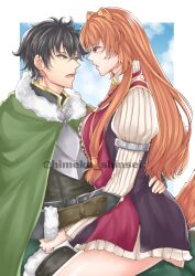  1boy 1girl absurdres animal_ears armor artist_name black_armor black_dress black_hair black_shirt blue_sky blunt_bangs border breasts brown_armor brown_hair brown_jacket chest_guard cloak clouds cloudy_sky collared_dress collared_shirt commentary cowboy_shot day dress fur-trimmed_armor fur-trimmed_jacket fur_trim gauntlets green_cloak green_eyes green_pants grey_armor hair_between_eyes hand_on_another's_back high_collar highres himeko_shinsei holding_another's_arm iwatani_naofumi jacket layered_dress leather leather_armor leather_jacket long_hair long_sleeves looking_at_another medium_breasts messy_hair metal_arm_cuffs neck_ribbon open_mouth outside_border pants pinstripe_dress pinstripe_pattern raccoon_ears raccoon_girl raccoon_tail raphtalia red_dress red_eyes red_ribbon ribbon shirt short_dress short_hair sitting sitting_on_person sky sleeveless sleeveless_dress straight_hair tail tanuki tassets tate_no_yuusha_no_nariagari twitter_username two-tone_armor two-tone_dress watermark white_border white_dress white_fur yellow_trim 