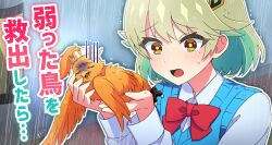  1girl aqua_hair aqua_sweater_vest artist_request bird bird_on_hand bow bowtie closed_eyes cocco_lupia colored_inner_hair commentary_request creature dragon_musume_ni_naritakunai! duel_masters green_hair hair_ornament highres mole mole_under_eye multicolored_hair nagareboshi_asche official_art open_mouth rain red_bow red_bowtie shirt sweater sweater_vest translation_request turn_pale two-tone_hair upper_body wet white_shirt yellow_eyes 