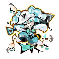  1girl blue_eyes blue_hair blue_jumpsuit cookie_run cookie_run:_crumble cool_mint_cookie eyepatch grin hard_hat helmet highres holding_power_drill jacket jumpsuit looking_at_viewer official_art open_clothes open_jacket outline simple_background skull smile solo transparent_background white_helmet yellow_outline 