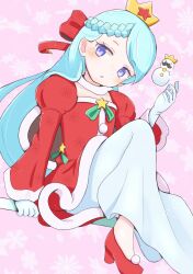  1girl blue_eyes blue_hair bow braid christmas collar commentary_request crown dress facial_hair floating floating_object foot_out_of_frame fur-trimmed_dress fur_trim gloves grace_(holy_night)_(puyopuyo) grace_(puyopuyo) hair_bow half_up_braid hand_up high_heels highres jazz_grace juliet_sleeves long_skirt long_sleeves looking_at_viewer mini_snowman mustache on_weapon parted_lips pink_background print_bow print_dress puffy_sleeves puyopuyo puyopuyo_quest red_bow red_dress red_shoes santa_costume santa_dress shoes skirt snowflake_background snowflake_print snowman solo staff star_(symbol) white_collar white_gloves white_skirt 