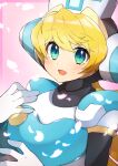  1girl blonde_hair blush cinnamon_(mega_man) green_eyes highres long_hair looking_at_viewer mega_man_(series) mega_man_x:_command_mission mega_man_x_(series) mega_man_x_dive open_mouth robot_girl smile solo tobitori upper_body 