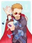  1boy armor bare_shoulders beard black_pants black_shirt blonde_hair blue_background border cape che_(cyan_crown) closed_mouth english_commentary facial_hair grey_armor hand_up male_focus marvel marvel_cinematic_universe meme mjolnir_(marvel) outside_border pants red_cape salt_bae_(meme) shirt short_hair simple_background solo sparkle standing stormbreaker sunglasses thor_(marvel) weapon white_border 