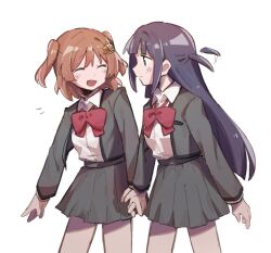  2girls :d ^_^ afterimage aijo_karen arms_at_sides bad_id bad_twitter_id blush bow bowtie breast_pocket brown_hair closed_eyes closed_mouth collared_shirt cowboy_shot crown_hair_ornament dot_nose expressive_hair facing_another facing_to_the_side grey_jacket grey_skirt hair_ornament holding_hands interlocked_fingers jacket long_hair long_sleeves looking_at_another multiple_girls one_side_up open_clothes open_jacket open_mouth pleated_skirt pocket purple_hair red_bow red_bowtie rei931218 school_uniform seisho_music_academy_school_uniform shirt shirt_tucked_in short_hair shoujo_kageki_revue_starlight sidelocks simple_background skirt smile standing tsuyuzaki_mahiru two_side_up white_background white_shirt 