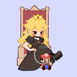  1boy 1girl alternate_costume artist_name black_boots black_choker black_dress blonde_hair blue_background blue_overalls blush boots brown_hair choker closed_mouth commentary crown dot_mouth dress earrings english_commentary eyelashes facial_hair goth_fashion hat high_heel_boots high_heels highres holding holding_leash jewelry leash long_hair mario mustache overalls peggy_(eggumu) princess_peach puffy_short_sleeves puffy_sleeves red_hat red_shirt shirt short_hair short_sleeves sidelocks simple_background solid_circle_eyes spiked_choker spikes super_mario_bros. 
