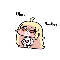 1girl absurdres aged_down ahoge blonde_hair blush_stickers character_name chibi chibi_only child dress english_text erpin_(trickcal) food_print fruit_print full_body highres long_hair oren9814 simple_background solo strawberry_print trickcal very_long_hair white_background white_dress 