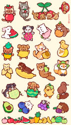  animal animal_focus apple artist_name avocado baby_animal banana bear bird blueberry brown_background cat cherry chibi chibi_only colorful dog dragon_fruit duck duckling food food_focus fox fruit fruit_costume fruit_hat_ornament hamster hedgehog highres holding holding_food holding_fruit kitten kiwi_(bird) kiwi_(fruit) lemon lime_(fruit) melon mouse_(animal) no_humans nyatche orange_(fruit) original otter passion_fruit peach pear pineapple plum puppy rabbit sticker_(medium) strawberry watermelon watermelon_slice yellow_background 