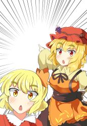  aki_minoriko aki_shizuha apron autumn_leaves blonde_hair blue_eyes breasts commentary_request food food-themed_hair_ornament frilled_hat frills fruit grape_hair_ornament hair_ornament hat highres leaf leaf_hair_ornament looking_at_viewer medium_breasts medium_hair motion_lines open_mouth orange_apron red_hat schinfaxi1996 simple_background speed_lines touhou white_background yellow_eyes 