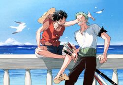 2boys bandana_around_arm bird black_hair black_pants blue_shorts blue_sky closed_eyes commentary earrings feet_out_of_frame green_hair grin haramaki hat hat_on_back highres horizon jewelry katana male_focus mochiko_(zy) monkey_d._luffy multiple_boys multiple_swords ocean one_piece open_mouth outdoors pants parted_lips red_vest roronoa_zoro sandals sheath sheathed shirt short_hair shorts sitting sky smile straw_hat sword vest weapon white_shirt 