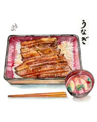  bowl chopsticks commentary_request eel food food_focus food_request highres kk2180 no_humans original painting_(medium) rice seafood simple_background still_life traditional_media translation_request variant_set watercolor_(medium) white_background 