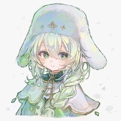  1girl artist_name blush braid capelet closed_mouth commentary cross-shaped_pupils dress english_commentary eyelashes fur_hat genshin_impact gold_trim gradient_hair green_dress green_eyes green_hair hair_between_eyes hair_over_shoulder hat highres long_hair looking_at_viewer multicolored_hair nahida_(genshin_impact) nahida_(nord_express)_(genshin_impact) official_alternate_costume official_alternate_hairstyle pointy_ears ri_pi_o sidelocks simple_background smile solo streaked_hair symbol-shaped_pupils twitter_username two-sided_fabric two-sided_headwear upper_body ushanka white_background white_capelet white_dress white_hair white_hat 