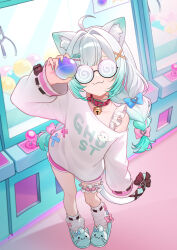  1girl absurdres ahoge animal_ear_fluff animal_ears animal_slippers arcade blue_eyes bow braid cat_ears cat_girl cat_tail coke-bottle_glasses collar commentary densetsu.exe dolphin_shorts frilled_straps frilled_thigh_strap glasses gradient_hair green_hair hair_bow hair_ornament hairclip highres indoors leg_warmers long_hair long_sleeves looking_at_viewer mint_fantome mint_fantome_(otaku) multicolored_hair off_shoulder oversized_clothes pink_shorts sechipuu shorts slippers solo sweater tail thigh_bow thigh_strap thighs twin_braids virtual_youtuber white_hair white_sweater x_hair_ornament 