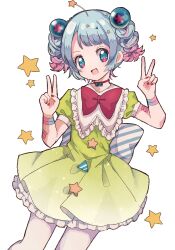  1girl blue_hair bow braid butter_run commentary_request dreamy_chelsea hair_ornament highres looking_at_viewer magical_girl mahou_shoujo_ikusei_keikaku mahou_shoujo_ikusei_keikaku_breakdown multicolored_eyes multicolored_hair open_mouth pink_hair red_bow red_nails short_hair simple_background smile twin_braids two-tone_hair v white_background 