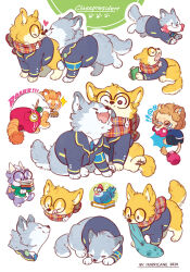  absurdres animal animal_couple animal_focus animalk bird black_pants blanket blue_coat book boxing_gloves chicken chinese_commentary clothed_animal coat commentary_request couple curled_up dog dragon glasses heart highres holding holding_book lion mouth_hold multiple_views no_humans original pants pocket_watch red_scarf red_shorts round_eyewear scarf shirt shorts simple_background sleeping sticker_sheet_(medium) tiger walking watch white_background white_shirt zzz 