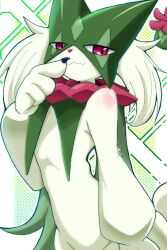  1girl closed_mouth commentary_request furry furry_female highres long_hair looking_at_viewer meowscarada navel petals pink_petals pokemon pokemon_(creature) pokemon_focus pokemon_scarlet_and_violet red_eyes smile solo souno_ruuta white_background 